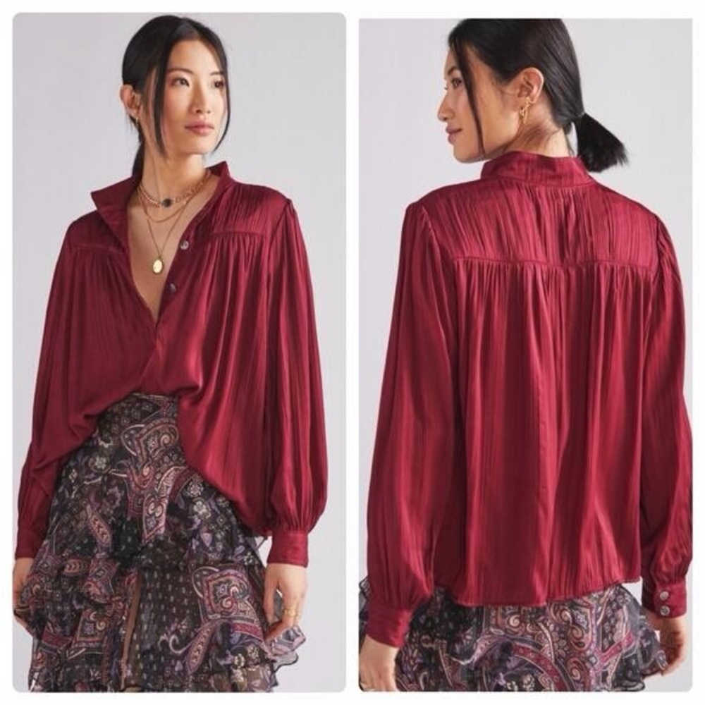 Relaxed‎ Shimmer Satin Blouse Dark Cherry Henley Button Up